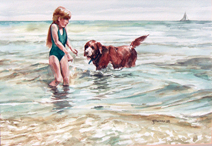 With her Dog - Watercolor With her Dog - Watercolor